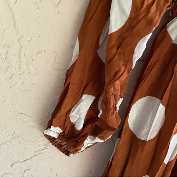 CAITLIN COVINGTON X PINK LILY BLUFF WALK BROWN POLKA DOT OFF THE SHOULDER DRESS - Picture 8 of 15